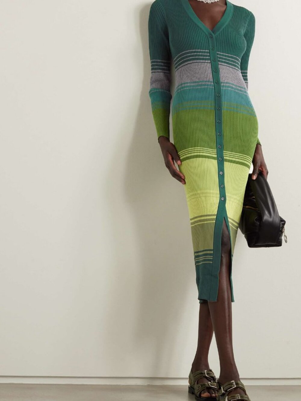 STAUD Pine Forest Shoko Midi Dress Sweater Green Fall Stripe Button Up Maxi LG